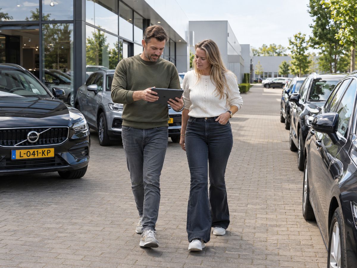 Twee mensen lopen met een tablet over het terrein van een autobedrijf langs een rij auto's