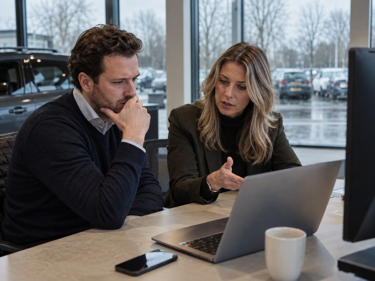Twee mensen bespreken iets op een laptop aan een bureau in een autoshowroom
