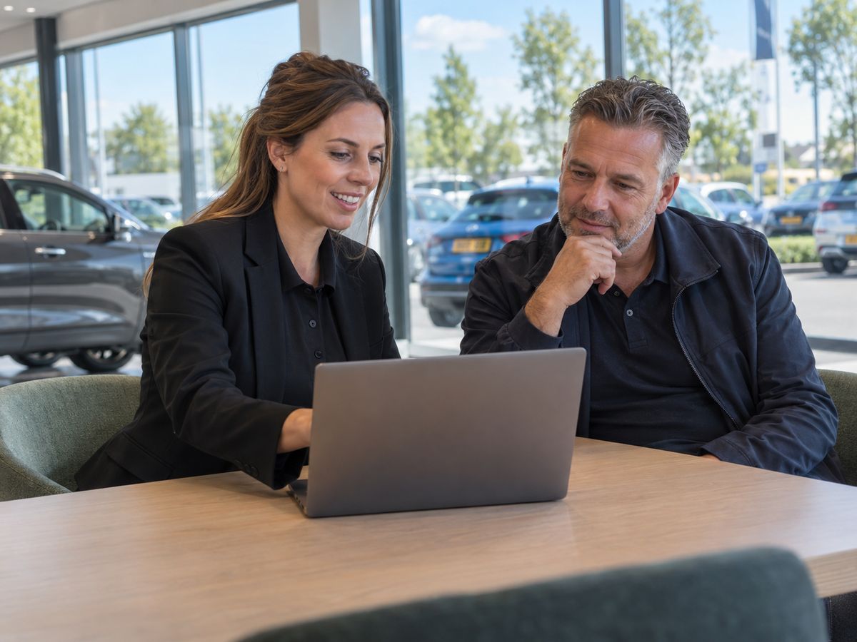 Twee mensen overleggen aan een tafel met een laptop, met geparkeerde auto's op de achtergrond