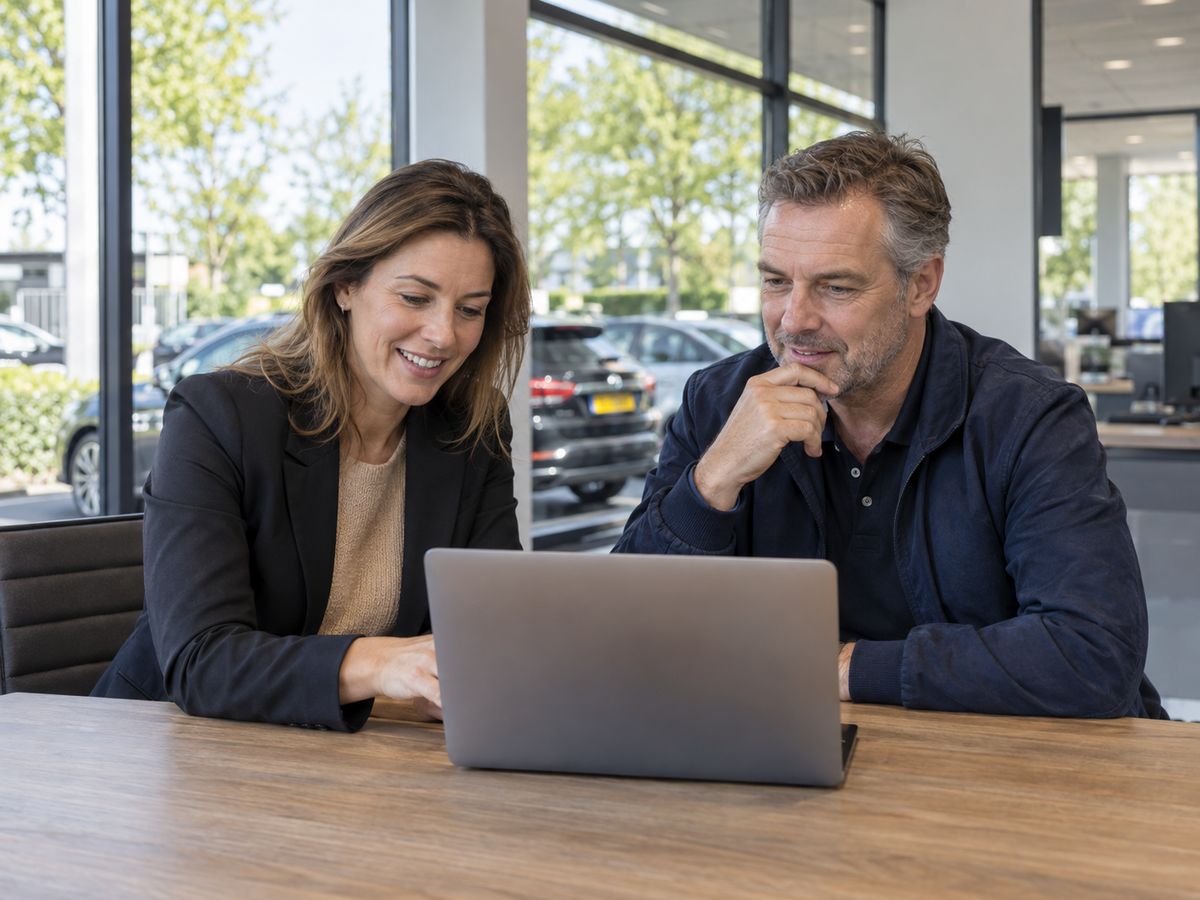 Twee mensen kijken samen naar een laptop aan een tafel met uitzicht op geparkeerde auto's