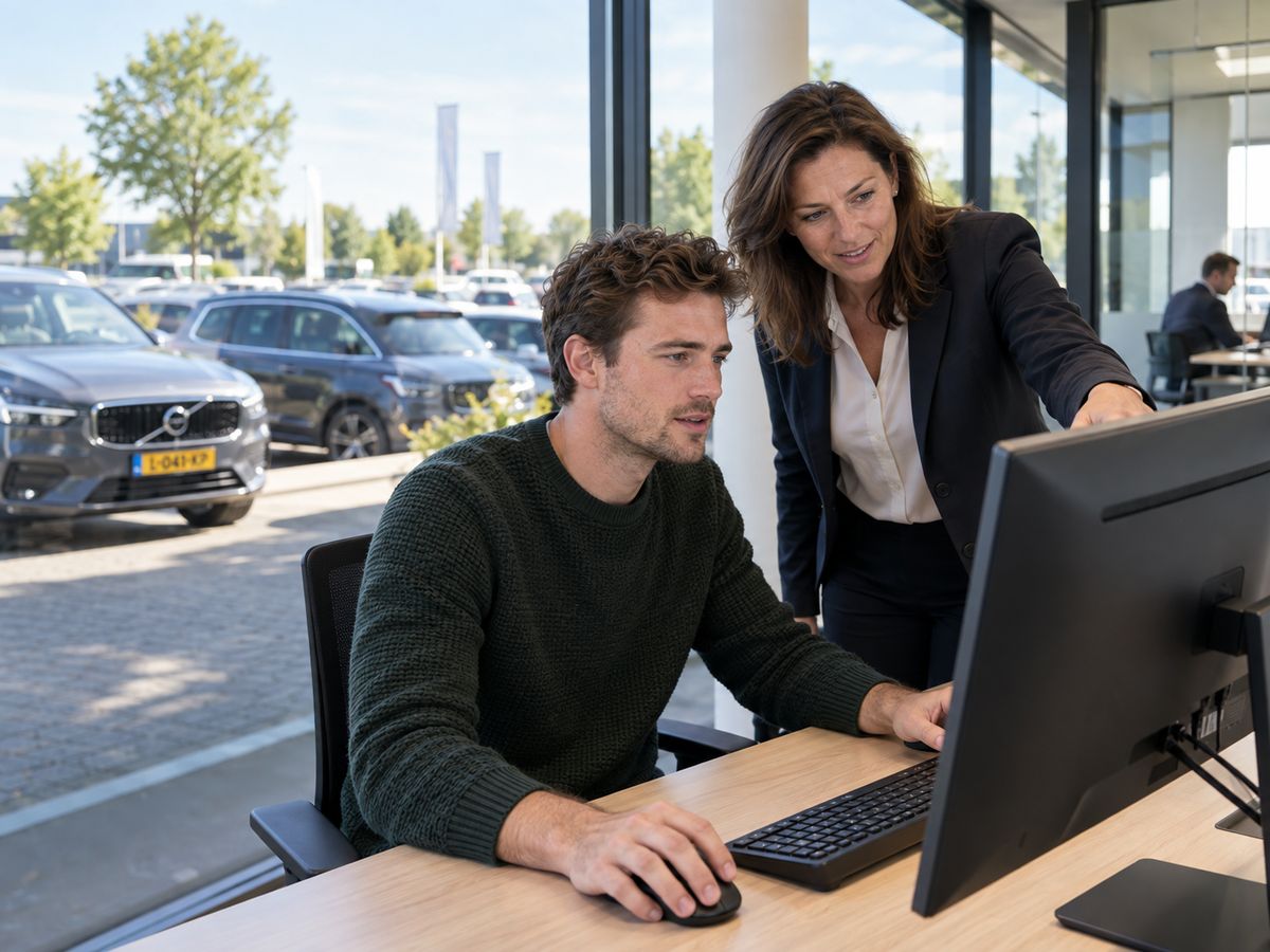 Een vrouw wijst iets aan op een beeldscherm terwijl een man achter de computer meekijkt