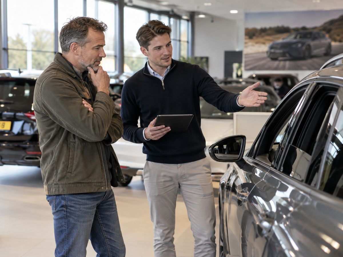 Adviseur met een tablet geeft uitleg over een auto aan een bezoeker in een showroom