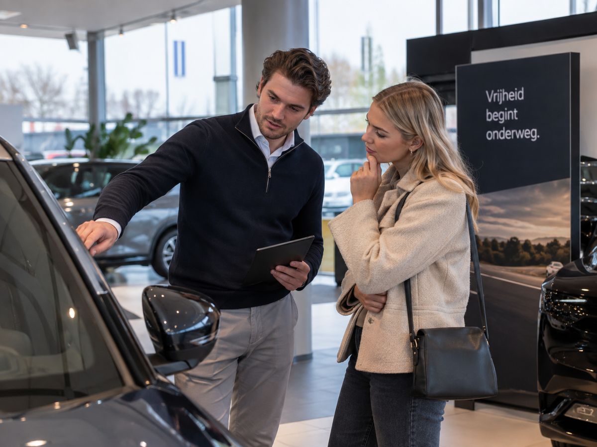 Adviseur met een tablet wijst een bezoeker op een detail van een auto in een showroom