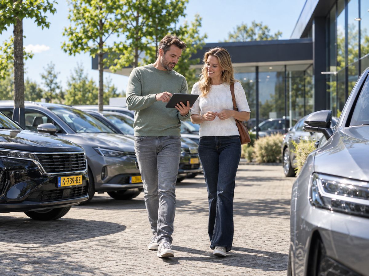 Twee mensen lopen met een tablet over een autoterrein langs geparkeerde auto's
